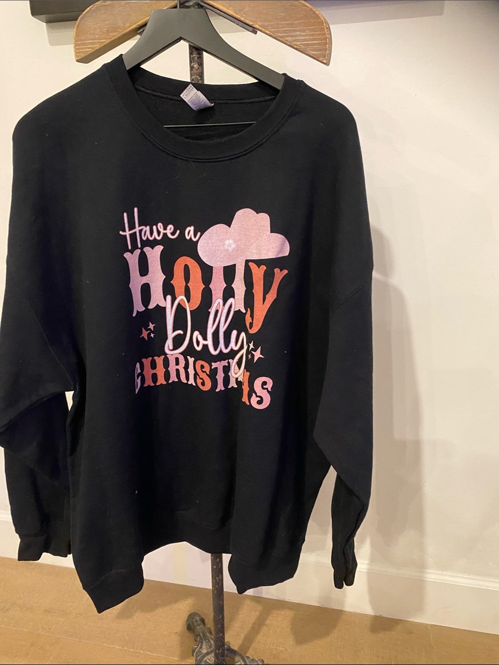 Gildan Black Sweatshirt with Pink and Orange Holiday Graphic